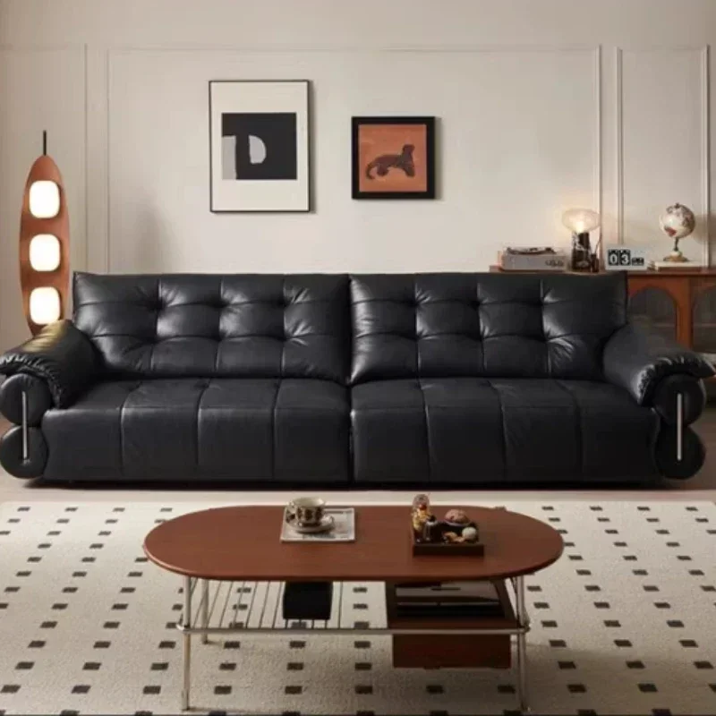 نمط القرون الوسطى بقرة سوداء كبيرة نمط الرجعية الطبقة الأولى أريكة جلد البقر غرفة المعيشة صف مستقيم أريكة جلدية سوداء الاقسام الأريكة #1