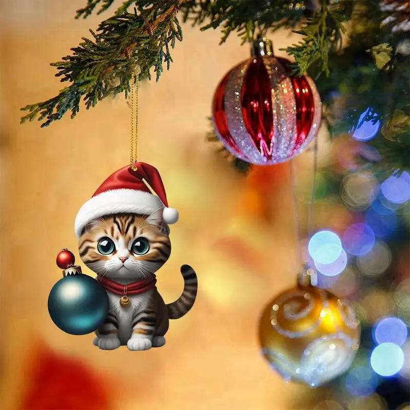 Cartoon Cute Cat Christmas Tree Pendants 2D Acrylic Hanging Ornaments Home Party Christmas Decoration 2024 New Year Gift