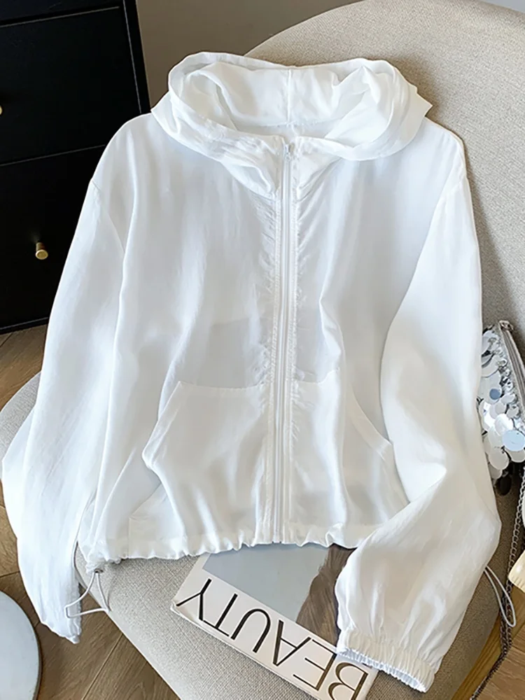 女性の軽量フード付きジッパー日焼け防止シャツピュアカラー春夏新スタイルファッショナブルなアウターウェア通気性