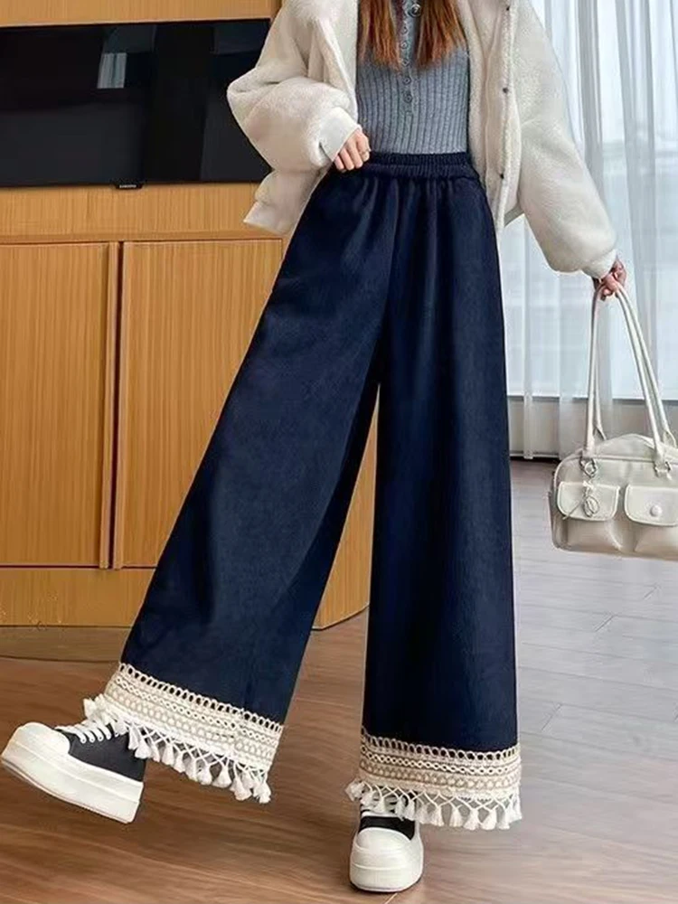 코듀로이 와이드 레그 팬츠 여성 빈티지 하이웨이스트 태슬 두꺼운 캐주얼 바지 가을 겨울 한국 심플 오피스룩 신상 팬츠