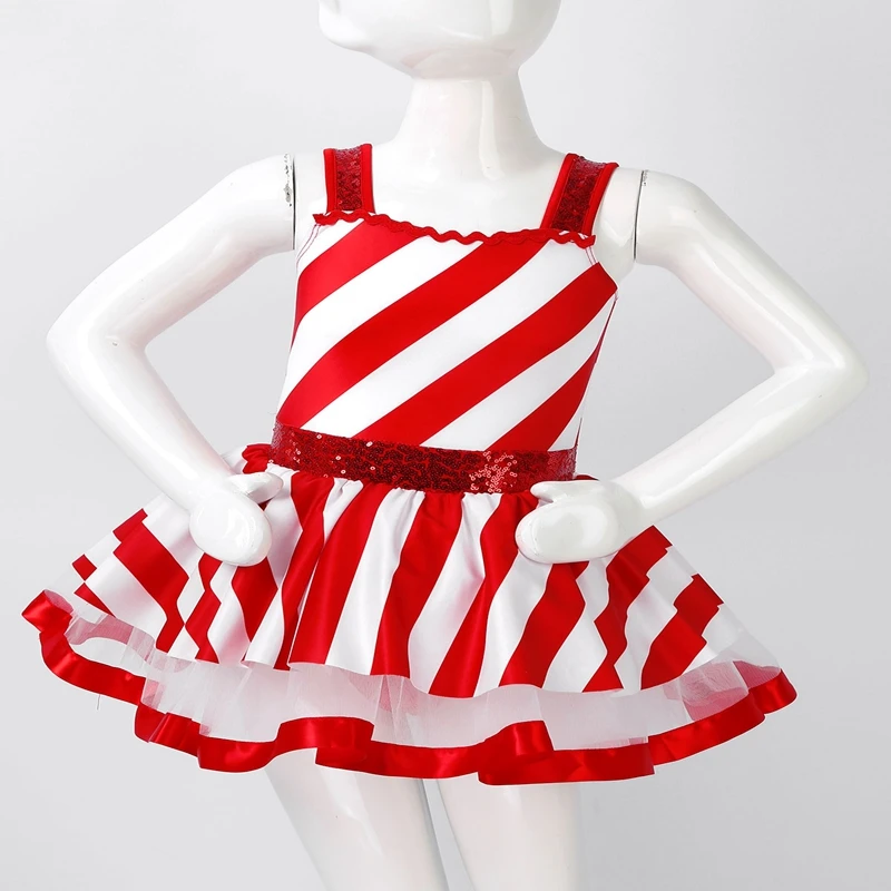 Kids Girls Christmas Party Dance Dress Candy Cane Striped Sequins Ballet Skating Gymnastics Leotard Tutu Carnival Circus Costume view 3
