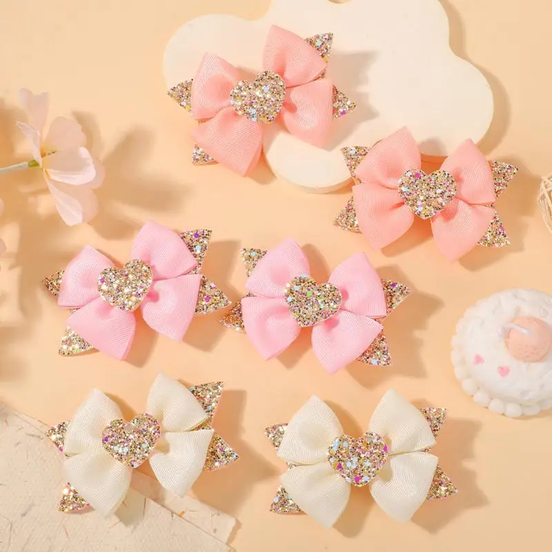 2 unidades de pinzas para el pelo con lazo brillante y adornos de purpurina, ideales para niñas, con cintas de moda, accesorios para el cabello estilo kawaii, perfectos para fiestas de boda y para complementar vestidos.