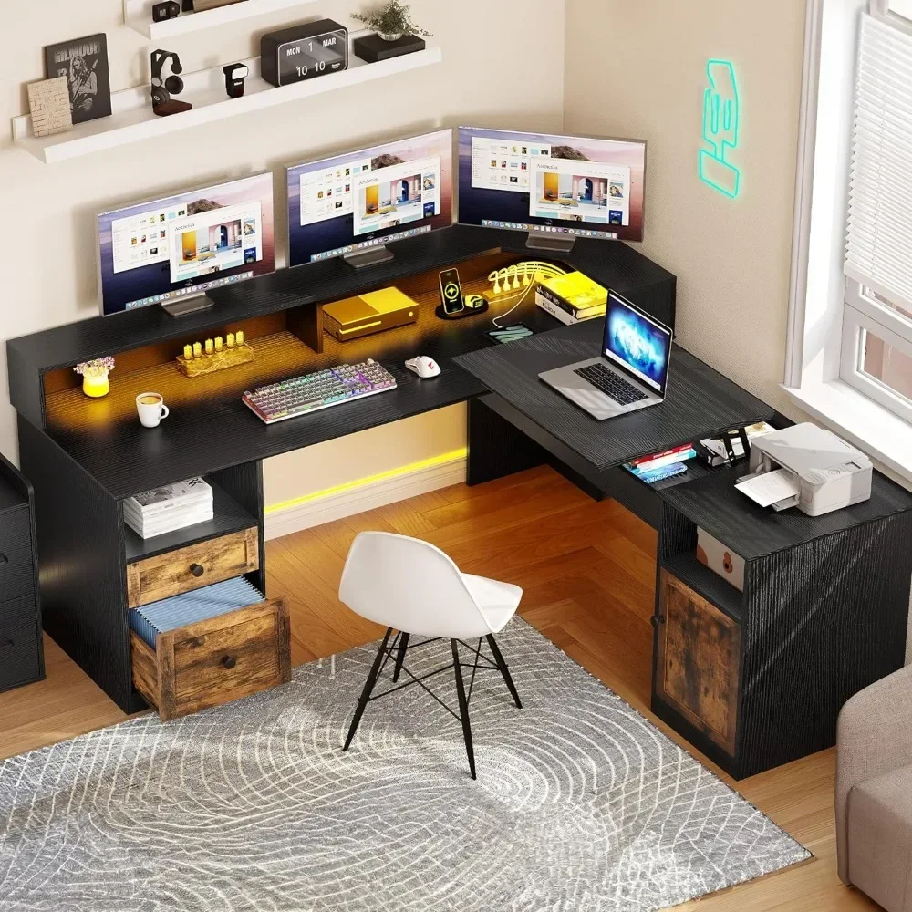 L Shaped Desk With Power Outlets & LED Lights Computer Table 60” Computer Desk With Drawers & Lift Top Freight Free Reading