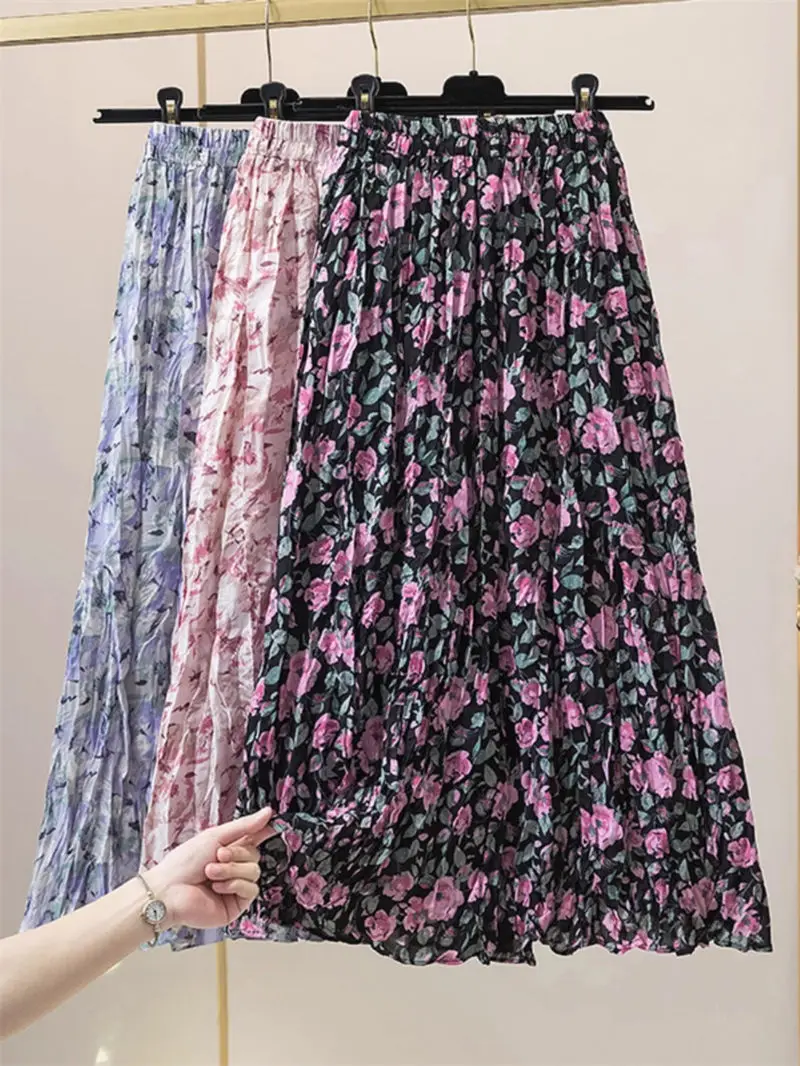 

Floral Pleated Skirt For Women Summer Fashion A Line Slimming Retro Print Elastic High Waist Skirt Midi Saias Mujer Faldas Z2188