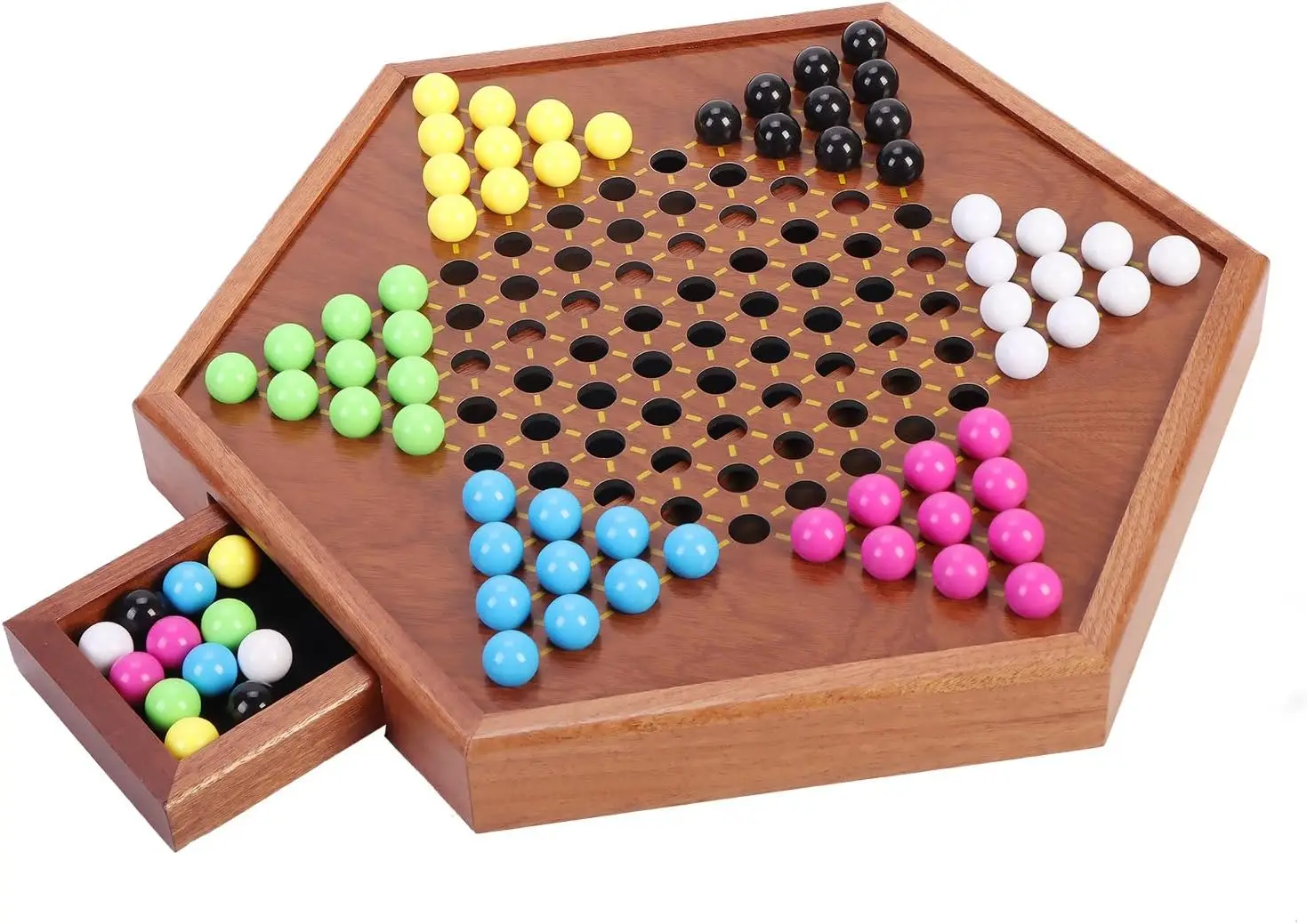 

Chinese Checkers Wooden Board Game, 13.7', 60+ Colorful Acrylic Marbles, Classic Family Strategy Game
