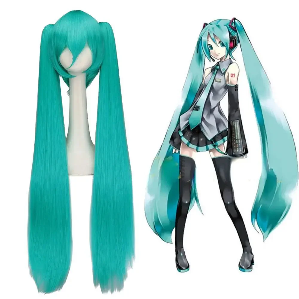 Perruque Cosplay 120cm Long Straight VocAloid Miku Hair Wig Synthetic Anime Cosplay Wig with Two Ponytails