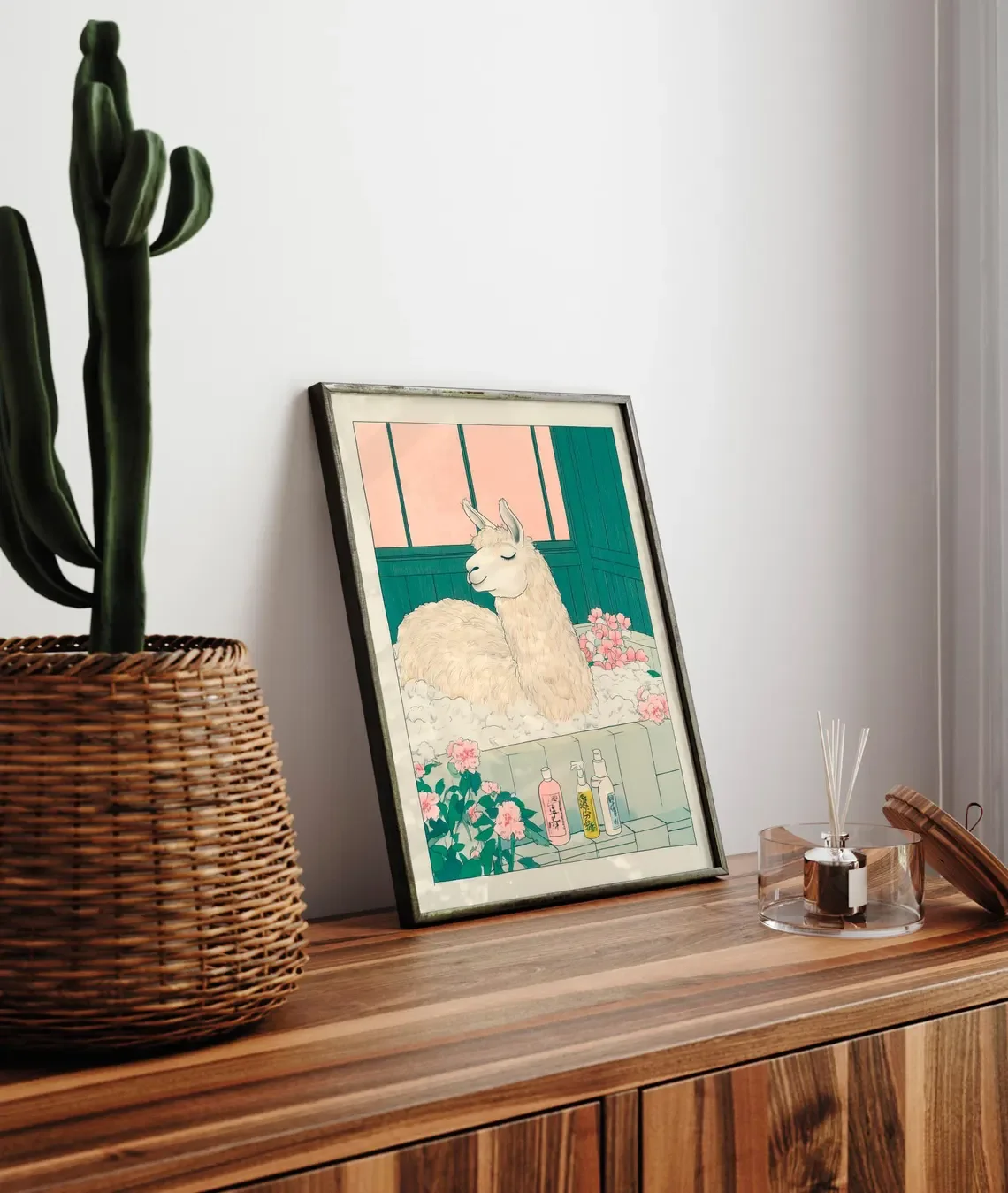"Ukiyo-e Llama Bathtime Wall Print Decor - Japanese Woodblock Style Illustration of a Relaxed Llama in a Bubble Bath with Pink F view 4