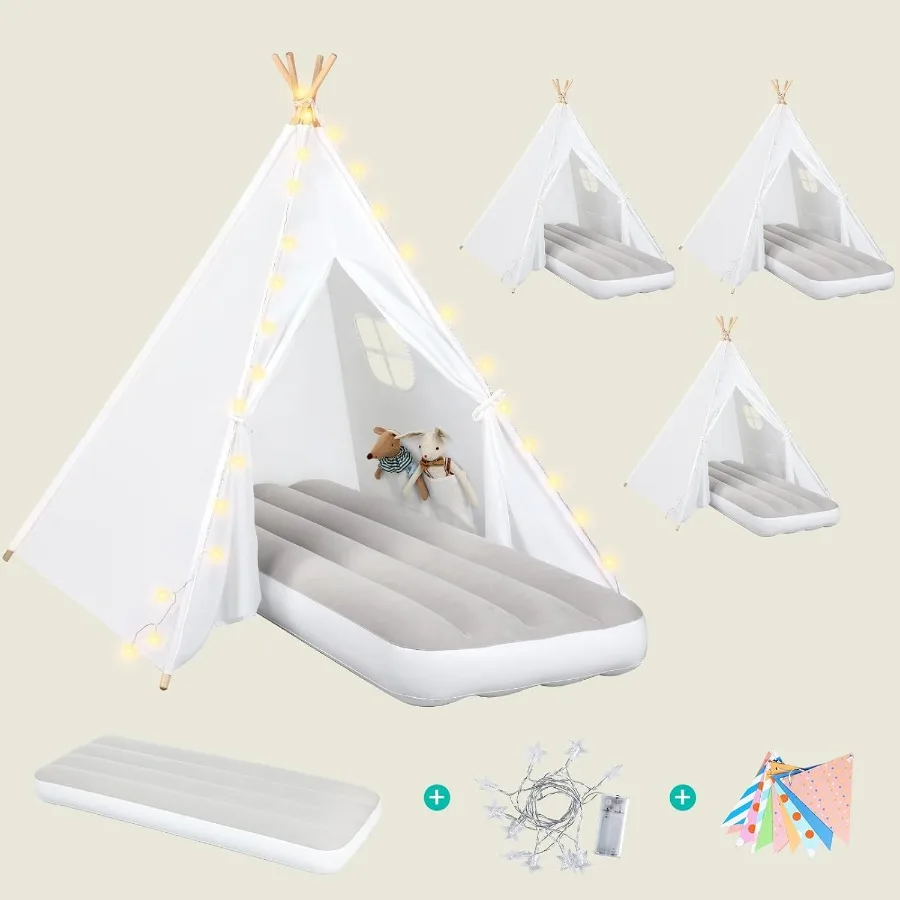 Paquete de 4 tiendas tipi para niños, tienda de juegos con luces de estrellas, banderas coloridas y colchón de aire inflable, casa de juegos plegable para niños pequeños, saco de dormir