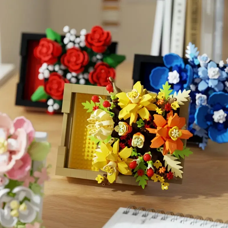 

3D Puzzle Flower Bouquet, Everlasting Rose & Sunflower Micro Bead Building Blocks, ABS Material, Romantic Valentine'S Day Gift