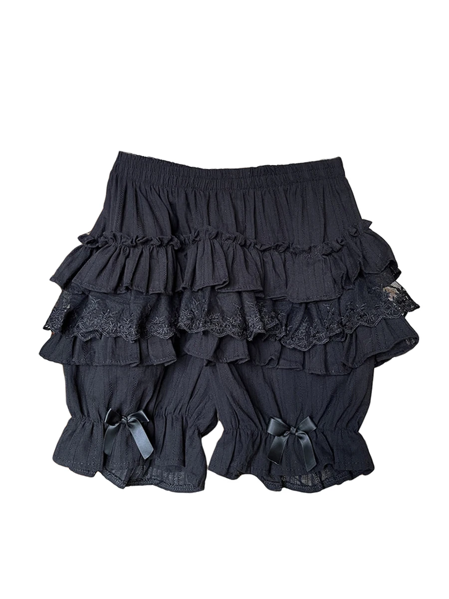 Chic Women’s Multi Layer Lace Trim Ruffle Shorts High Waist Solid Color Bow Bloomers Pajama Sweety Lolita Bottoms Pajama Bottoms