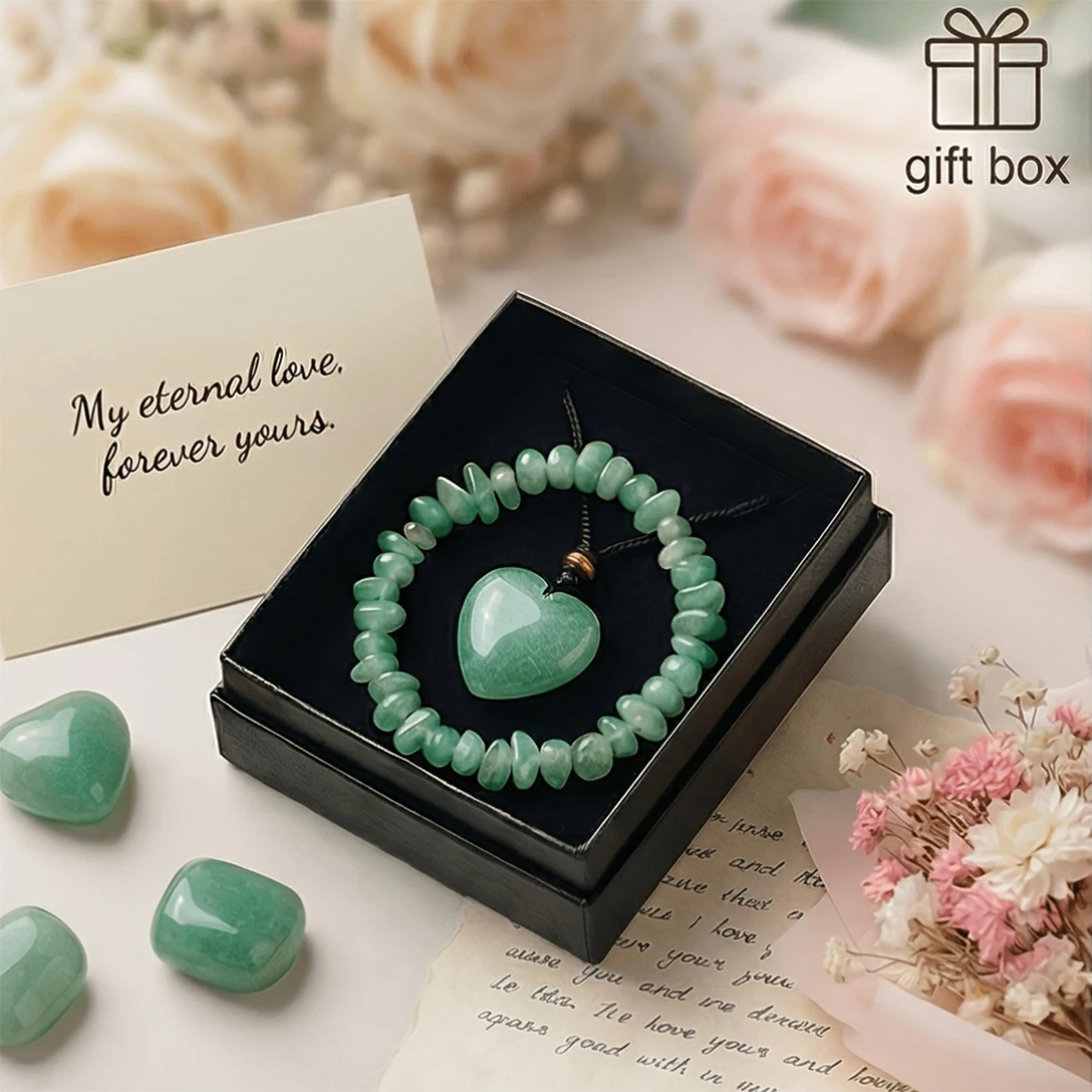 Natural Aventurine Quartz Heart Pendant Bracelet Jewelry Set Healing Crystal Gift Box For Women Valentine Anniversary Gift