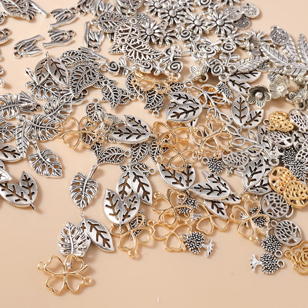 Leslie 50 Stück silberfarbene Metall-Anhänger mit Baumblatt- und Blumenmotiv, passend für DIY-Schmuckherstellung, Halsketten, Legierungsarmbänder, handgefertigtes Kunsthandwerk – Detail 3