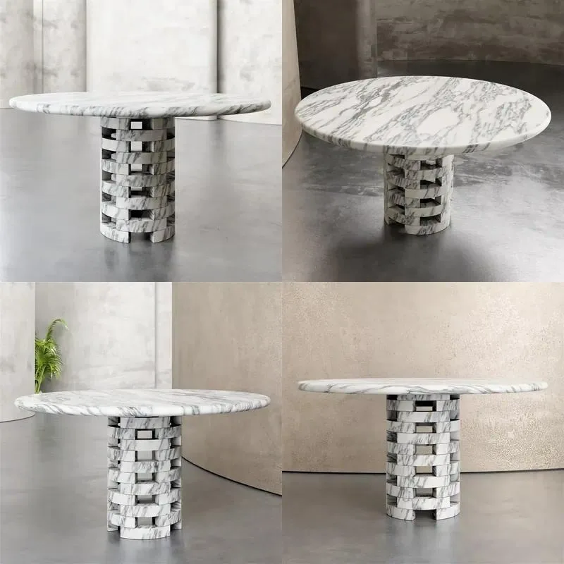 Ultra Modern Minimalist Round Dining Table Travertine Gray Marble Concrete Texture Furniture