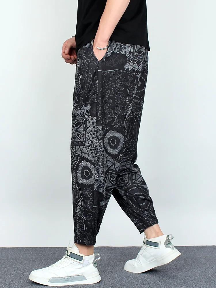 Summer New Korean Style Printed Draped Nine-point Pants Retro Loose Casual Comfortable Cool Slim Fit Casual Pants for Men