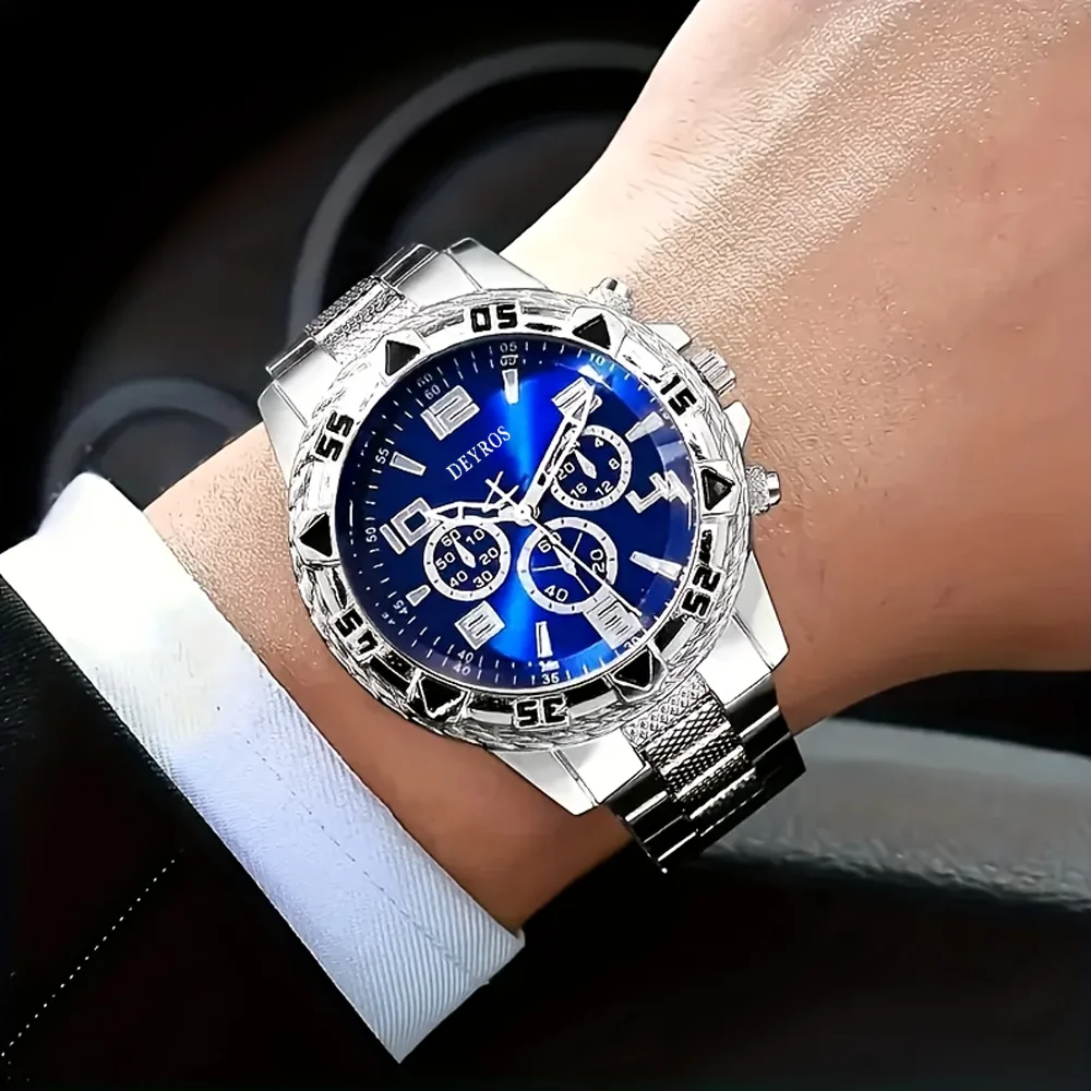 2pcs New Men's Stylish and Trendy Business Quartz Watch+versatile Cross Necklace, Bracelet Accessory Combination Set for Daily