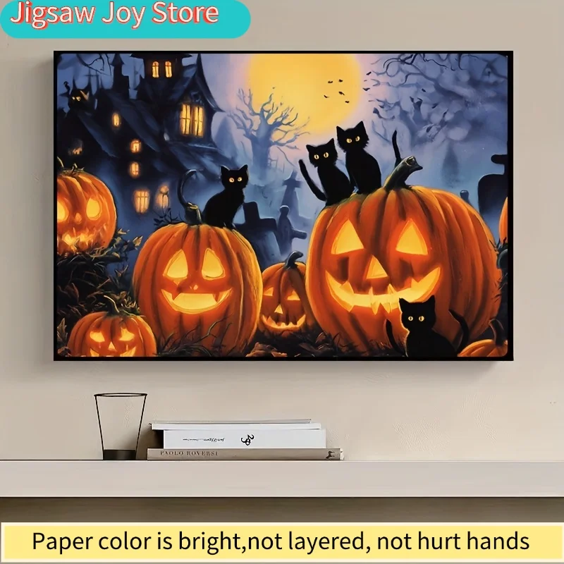 Puzzle dla dorosłych z motywem dyniowego ogródka i czarnego kota na noc Halloween, odpowiednie do gier imprezowych i rekwizytów.
