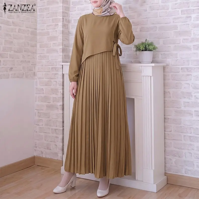 ZANZEA Women O Neck Long Sleeve Pleated Sundress Elegant Muslim Abaya Dress Solid Color Loose Maxi Long Dress Eid Ramadan Robe