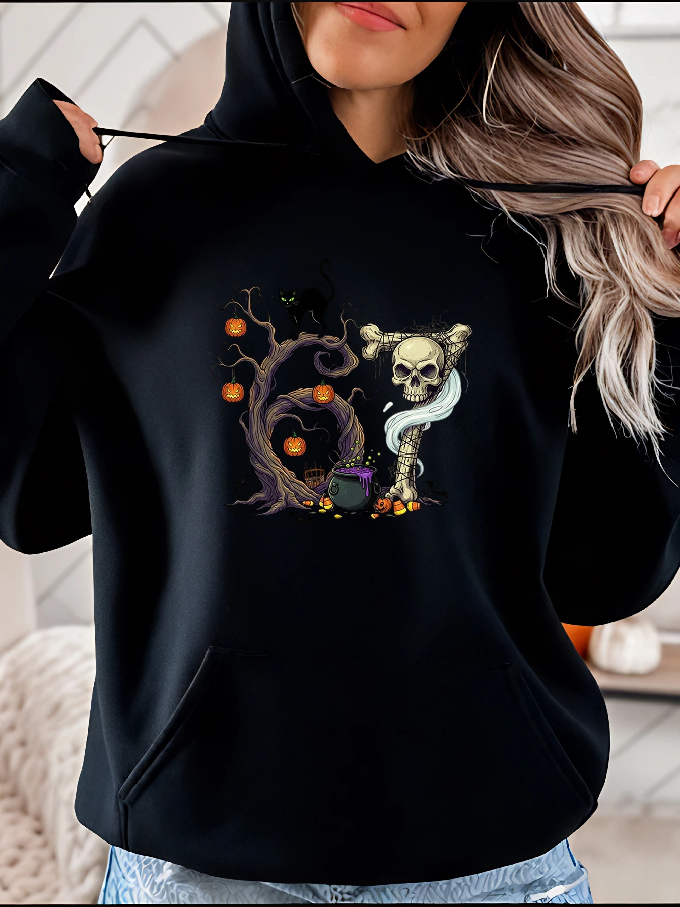 

Толстовка с капюшоном на Хэллоуин, женская черная толстовка с принтом тыквы и черепом, повседневный осенний костюм на Хэллоуин, наряд