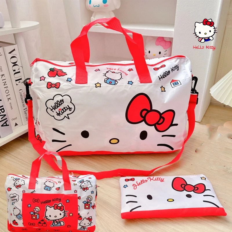 Practical Sanrio Hello Kitty Cute Rod Travel Bag Kawaii Kuromi Cinnamoroll Folding Zipper Large Capacity Waterproof Luggage Bag