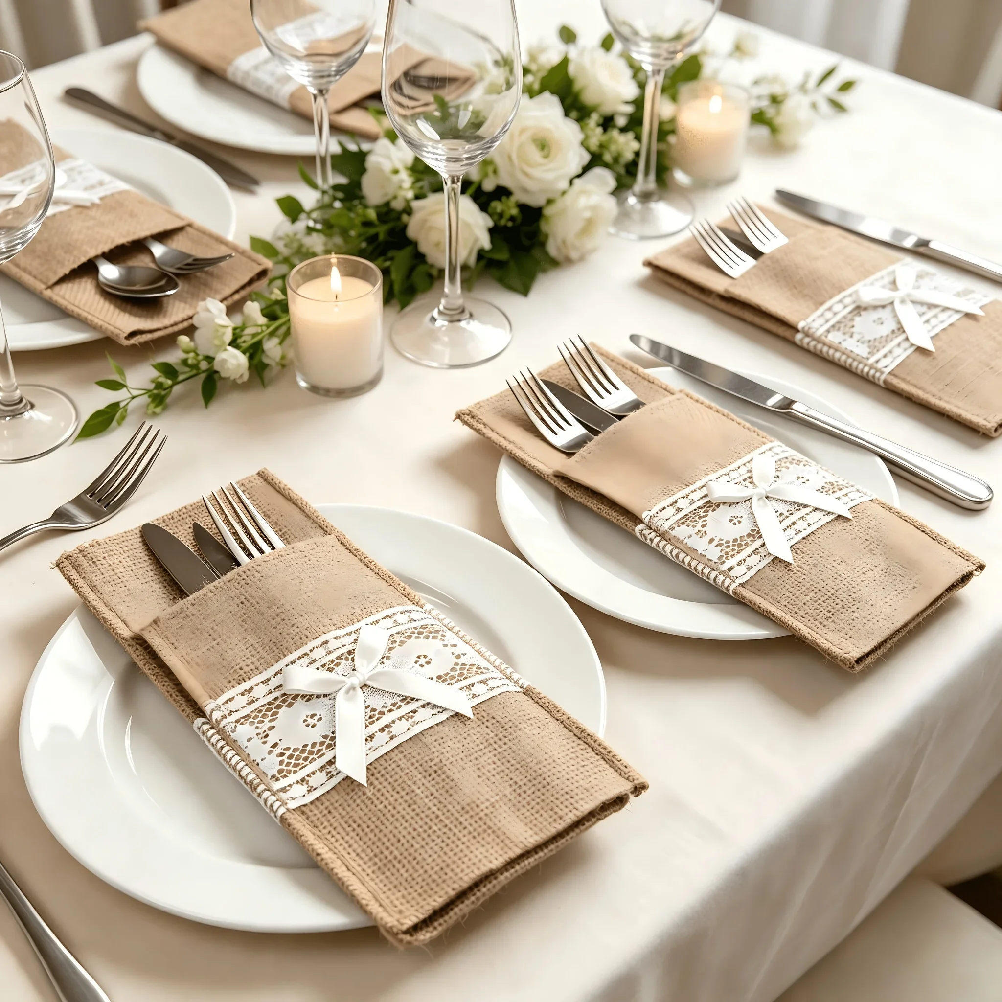6pcs Bow-Finished Jute Tableware Bags, Tableware Storage Bags for Forks, Knives, Spoons, Napkins - Ideal for Countryside Wedding