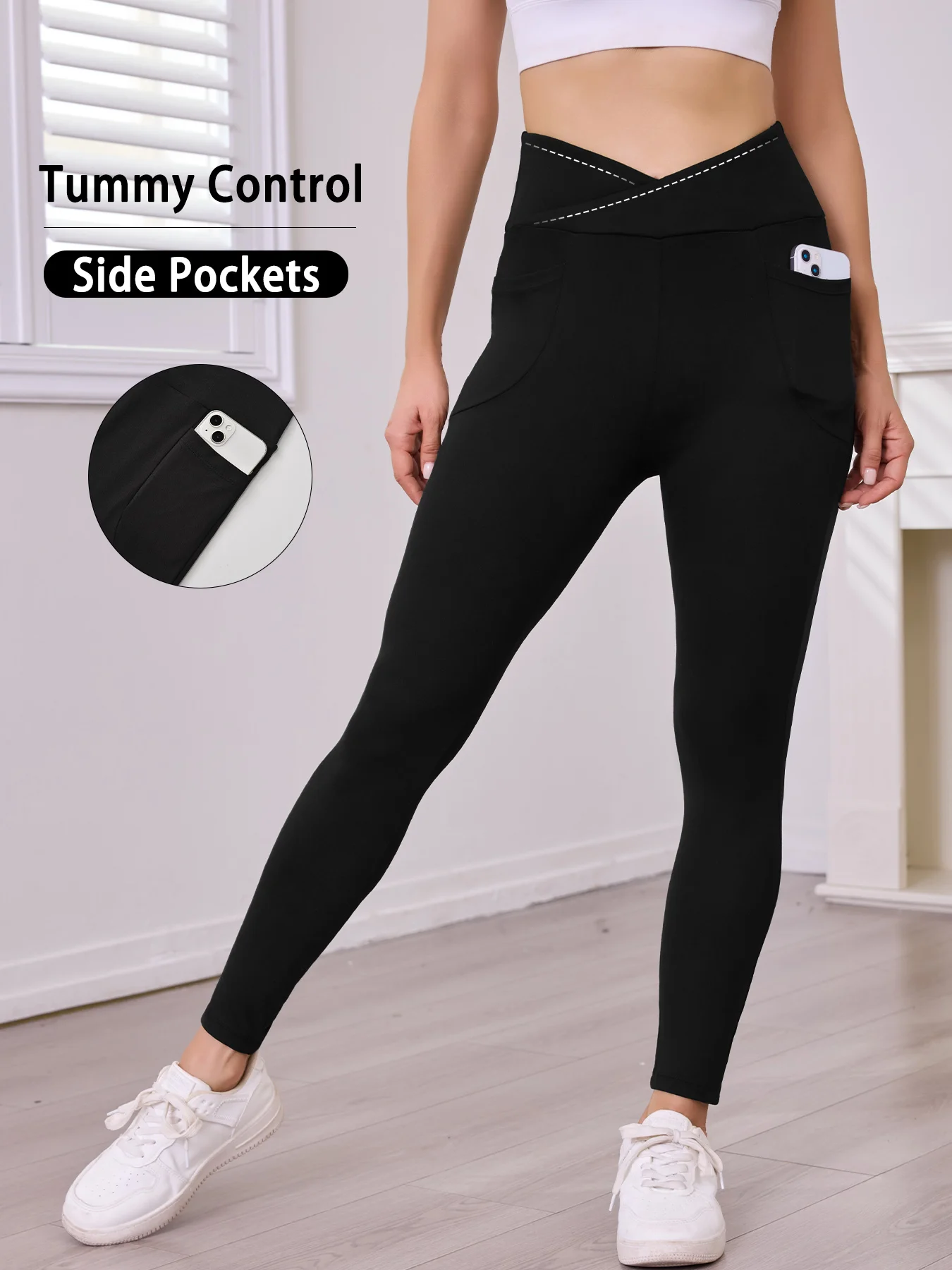 여성용 슈퍼 소프트 크로스오버 하이웨이스트 레깅스 포켓 포함 복부 조절 비침 방지 운동 요가 러닝 레깅스