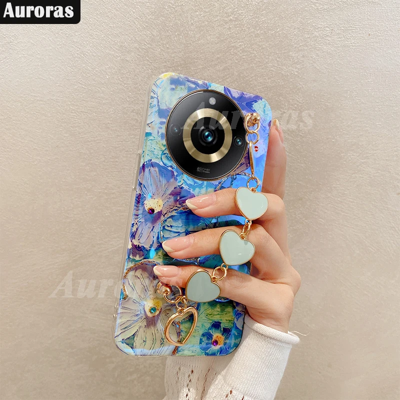 Auroras For Realme 11 Pro 5G Case With Love Bracelets Blu-ray Rhinestone Oil Painting Flower Shell For Realme 11 Pro Plus Cover