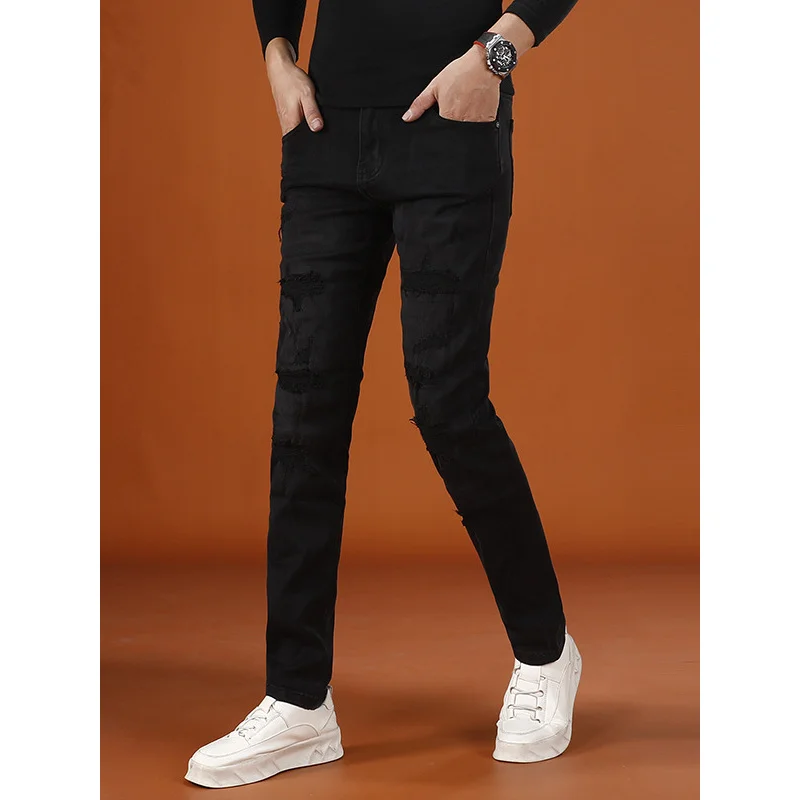 

Мужские черные брюки с маленькой ногой, новинка 2025, элитные эластичные модные уличные крутые рваные джинсы