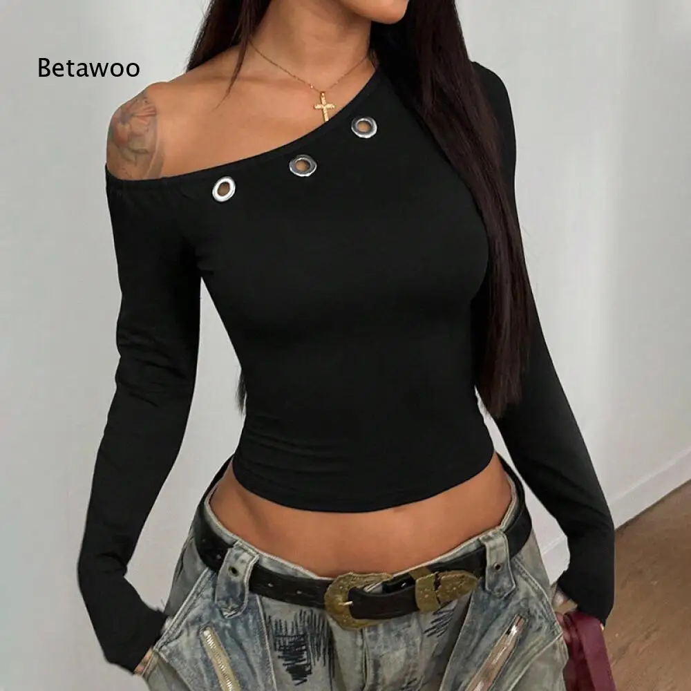 Diagonal Neck Cold Shoulder Eyelet Decor Ruched Cropped Blouse