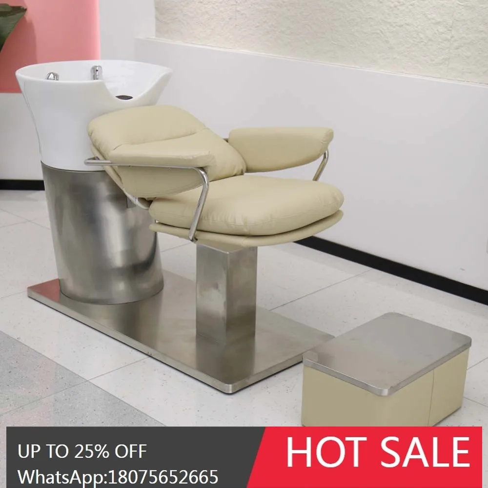 Barber Shop Shampoo Chair Beauty Shop Half Lying Flushing Bed Ceramic Basin Stainless Steel Base for Hair Salon