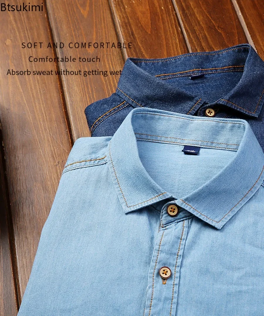 2024Men\'s Casual Long Sleeve Denim Shirts Formal Office Social Business Jeans Shirts Slim Cotton Jeans Shirts Male Tops Clothing