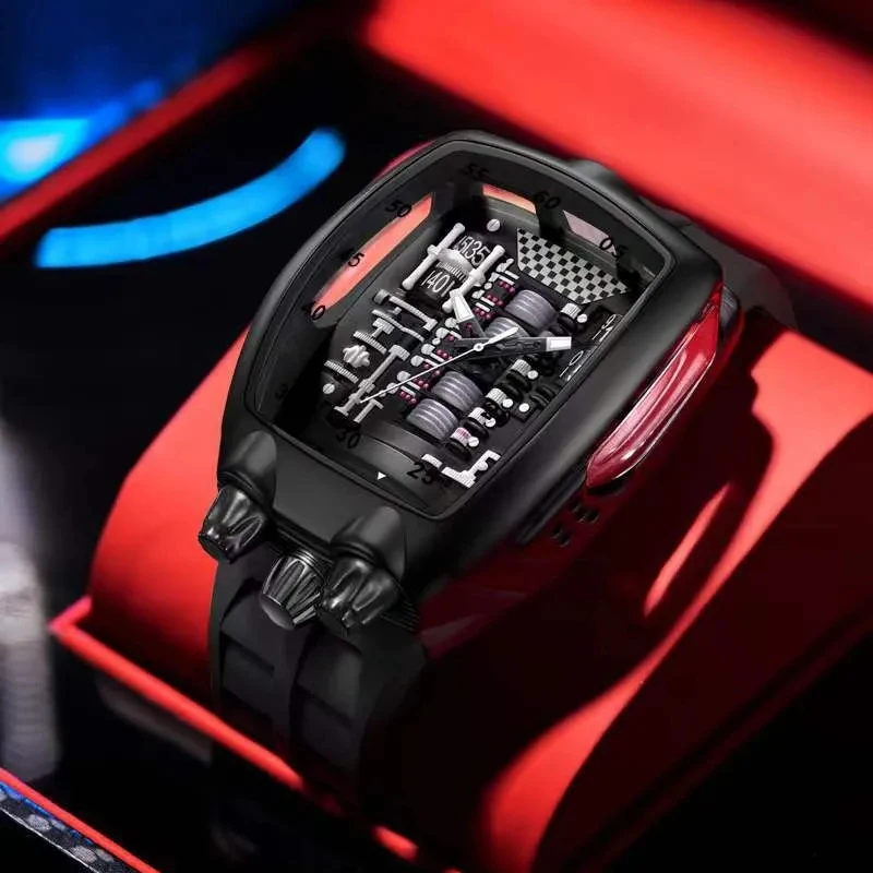 Men's Fashion Sports Quartz Watch with Full Transparent Hollow Skeleton, Unique Special Case Shape, Stylish Daily Wristwatch for