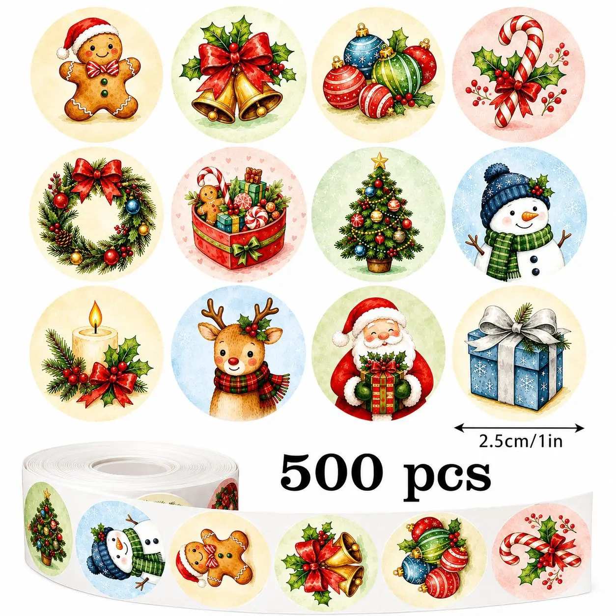 1Inch Round Christmas Stickers 500Pcs Roll Merry Christmas Santa Gingerbread Man Sealing Labels Xmas Gift Package Decor Stickers