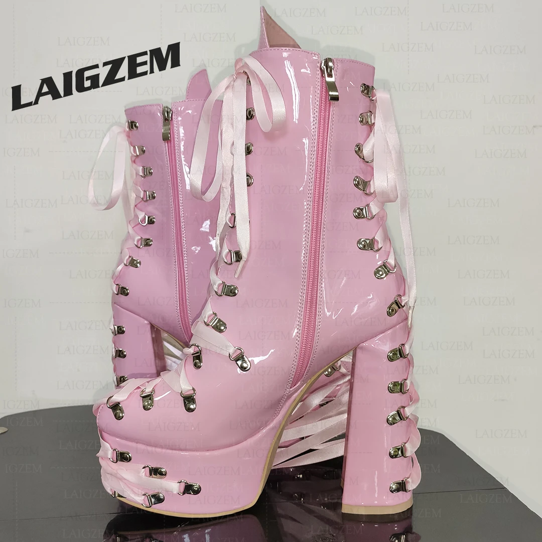 BERZIMER Women Ankle Platform Boots Lace Up Thick High Heels Boots Handmade Sweet Ladies Shoes Woman Big Size 41 46 50 52