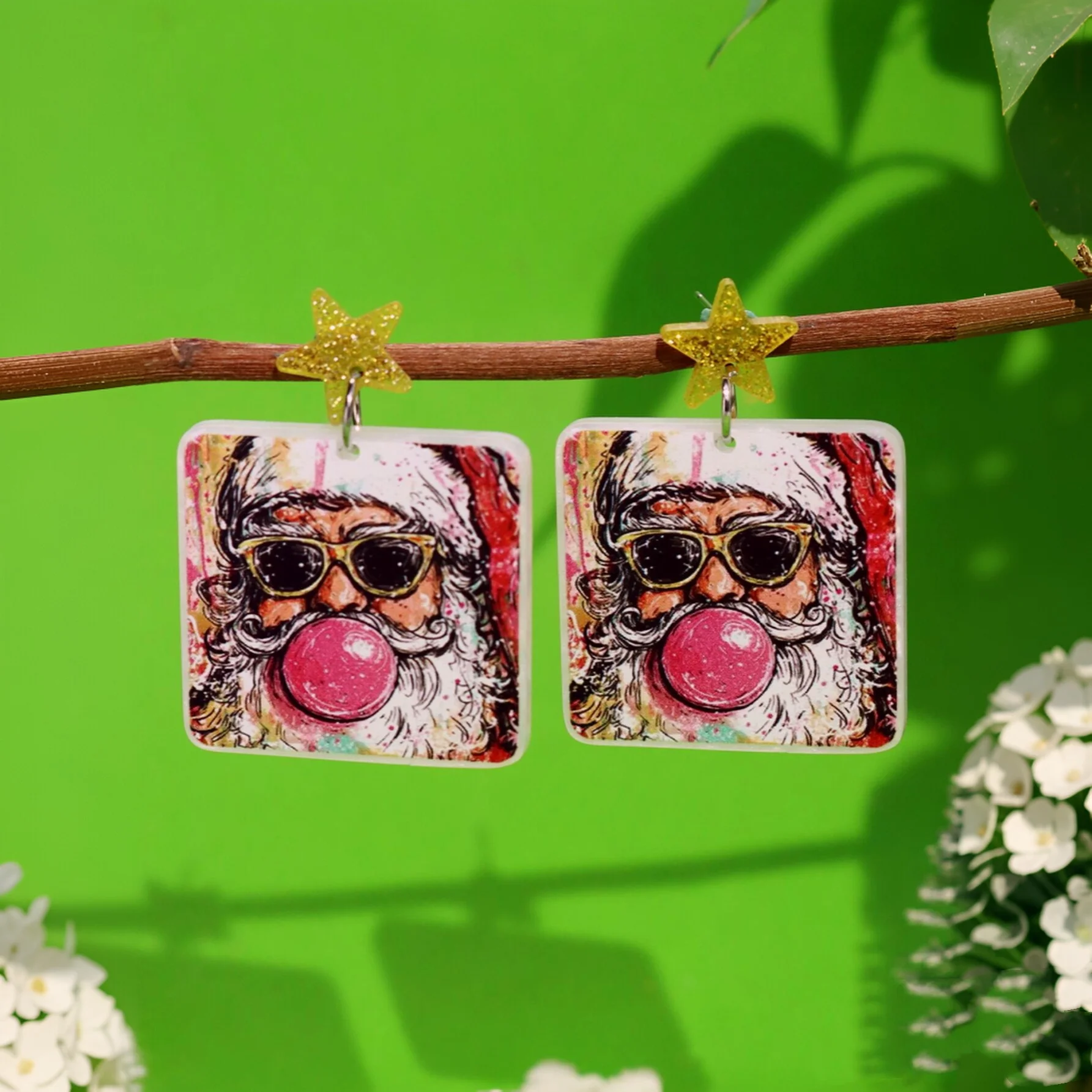 Funky Sunglasses Bubble Blowing Santa Claus Earrings Acrylic Square Earrings Gold Star Pendants Christmas Party Gifts Party