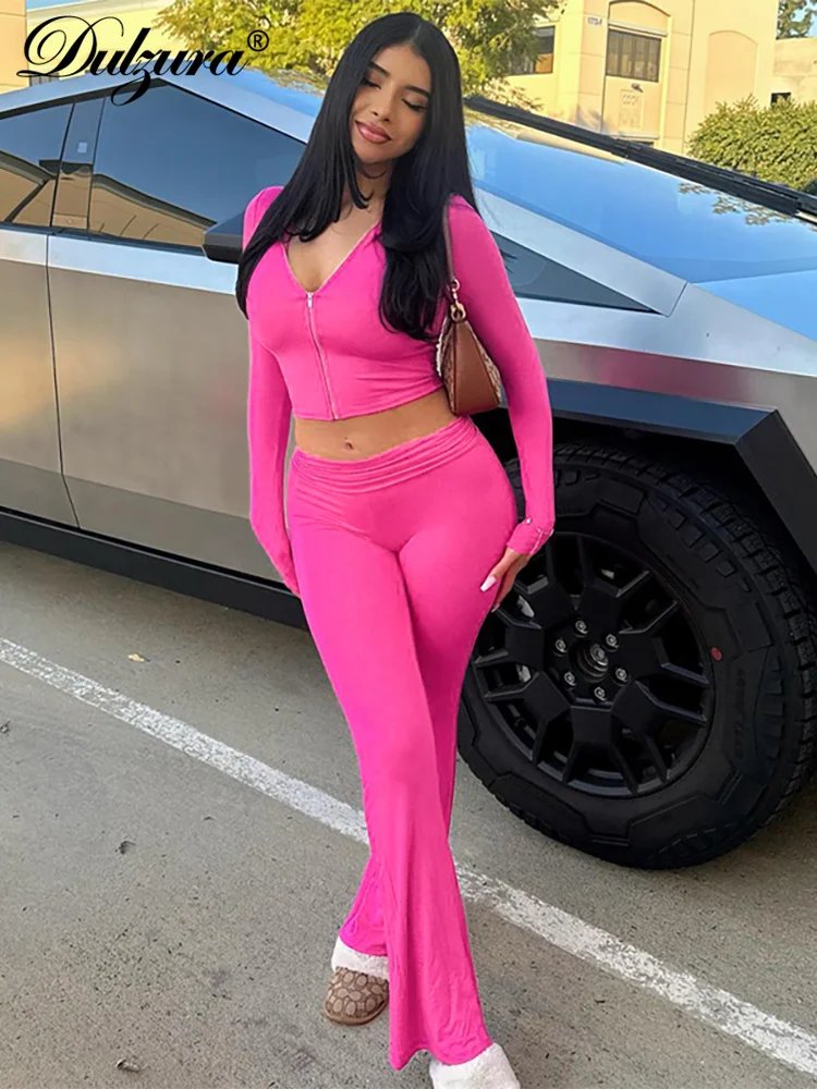 Dulzura Solid Casual Sports 2 Piece Pants Set Long Sleeves Zipper Hoodie And Flare Pants Matching Set Streetwear Autumn Winter