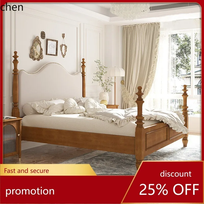 

HT Solid Wood Bed Retro Leather Art Large Bed High Backrest Soft Upholstery Roman Column 1.8* Simple Wedding Bed