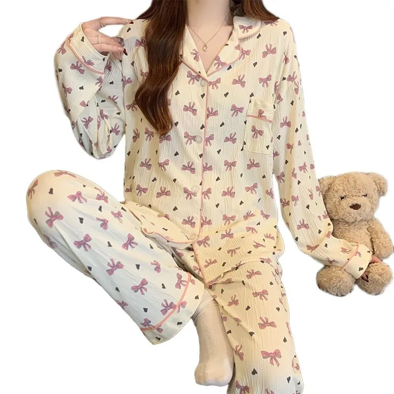 Roupa de dormir feminina sexy doce arco impressão manga longa estudante loungewear cardigan lapela superior calças compridas plus size pijamas homewear