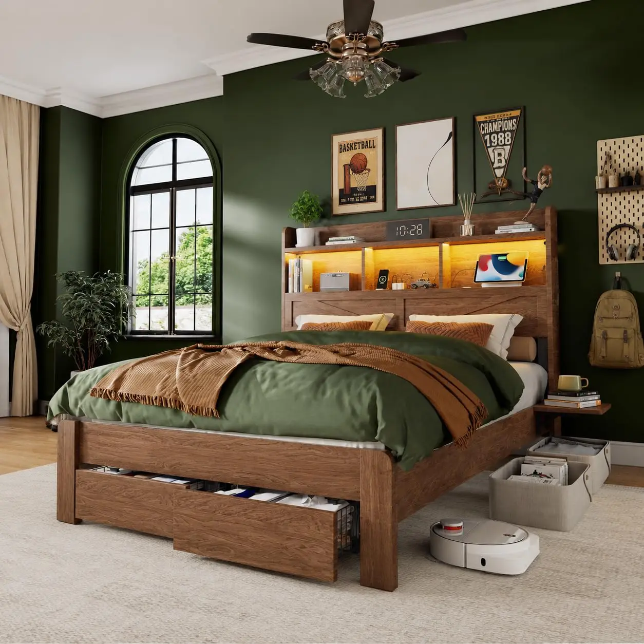 Full Bed Frame Storage Headboard LED Charging Station Drawers 800lbs Wood & Metal Platform Noise-Free No Box Spring, Customized