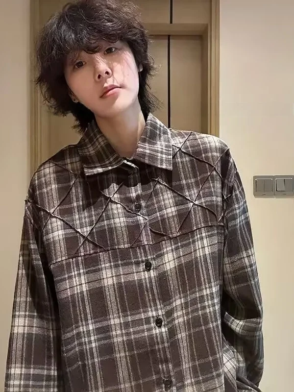 

Мужская рубашка в клетку CE, весенняя, нейтральная, в американском стиле, оверсайз, свободного кроя, с длинным рукавом, износостойкая, для повседневной носки