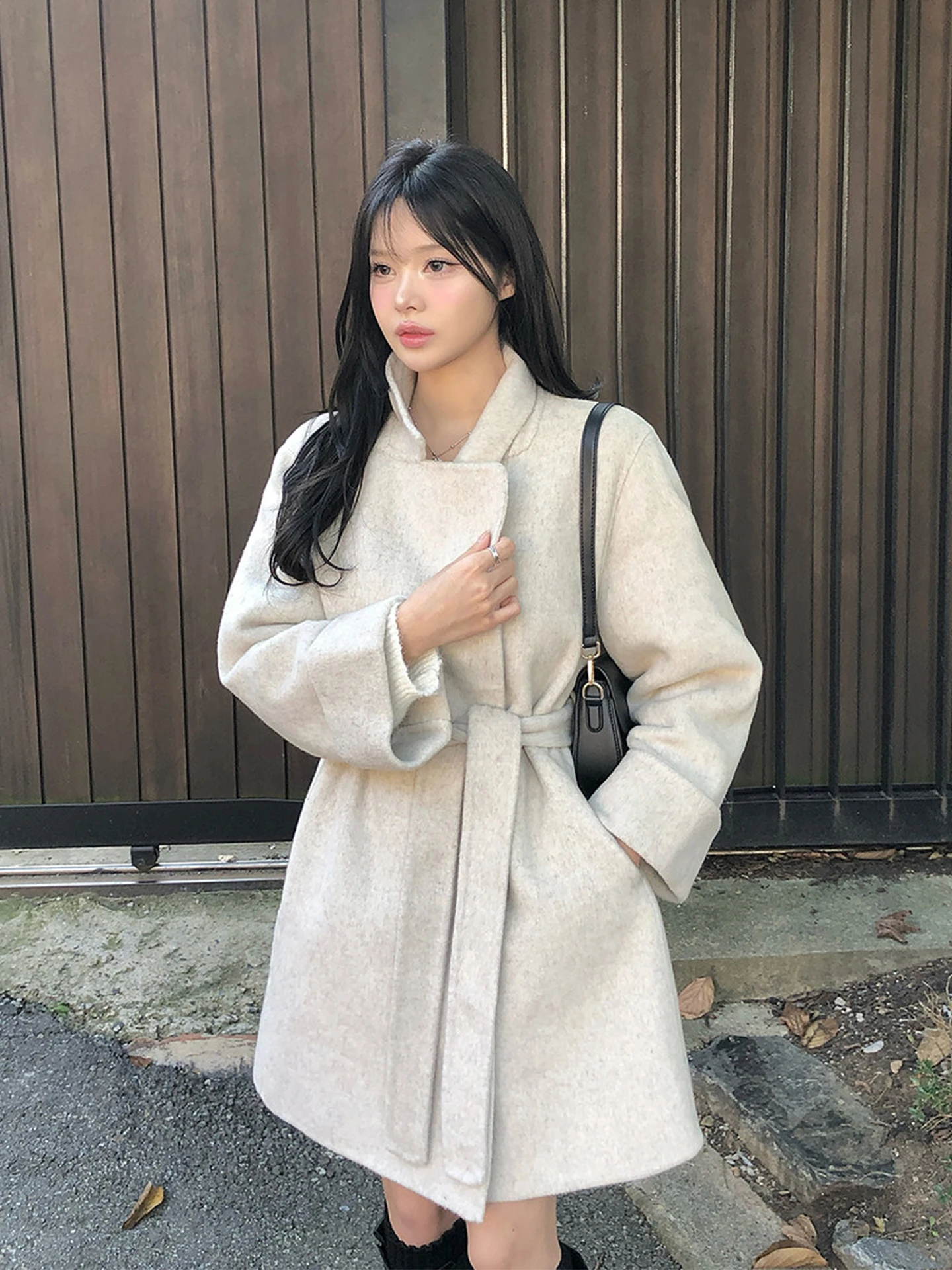 Gray Woolen Coat Women's Loose Suit Style Korean Fashion Autumn Winter Thickened Cotton Polyester Long Sleeve Coat