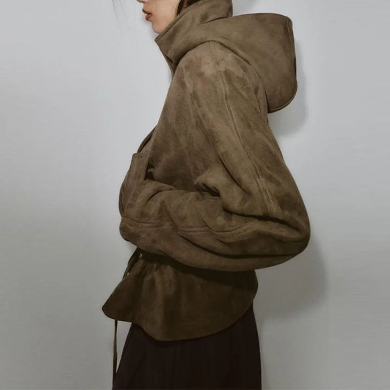 Veste Vintage à cordon de serrage pour femmes, couleur unie, manteaux à capuche à manches longues, nouvelle dame automne hiver 2025, vêtements d'extérieur pour les déplacements