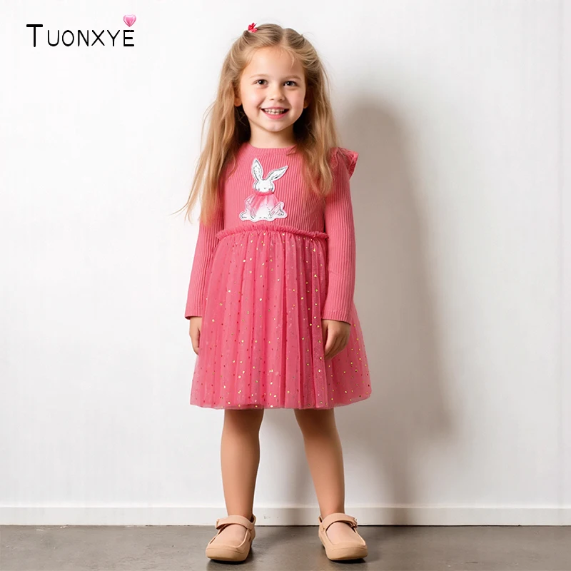 TUONXYE Kleinkinder Mädchen Mesh Kleider Tier Kaninchen Applikationen Kinder Kleid Frühling Herbst Kinder Party Prinzessin Kleider
