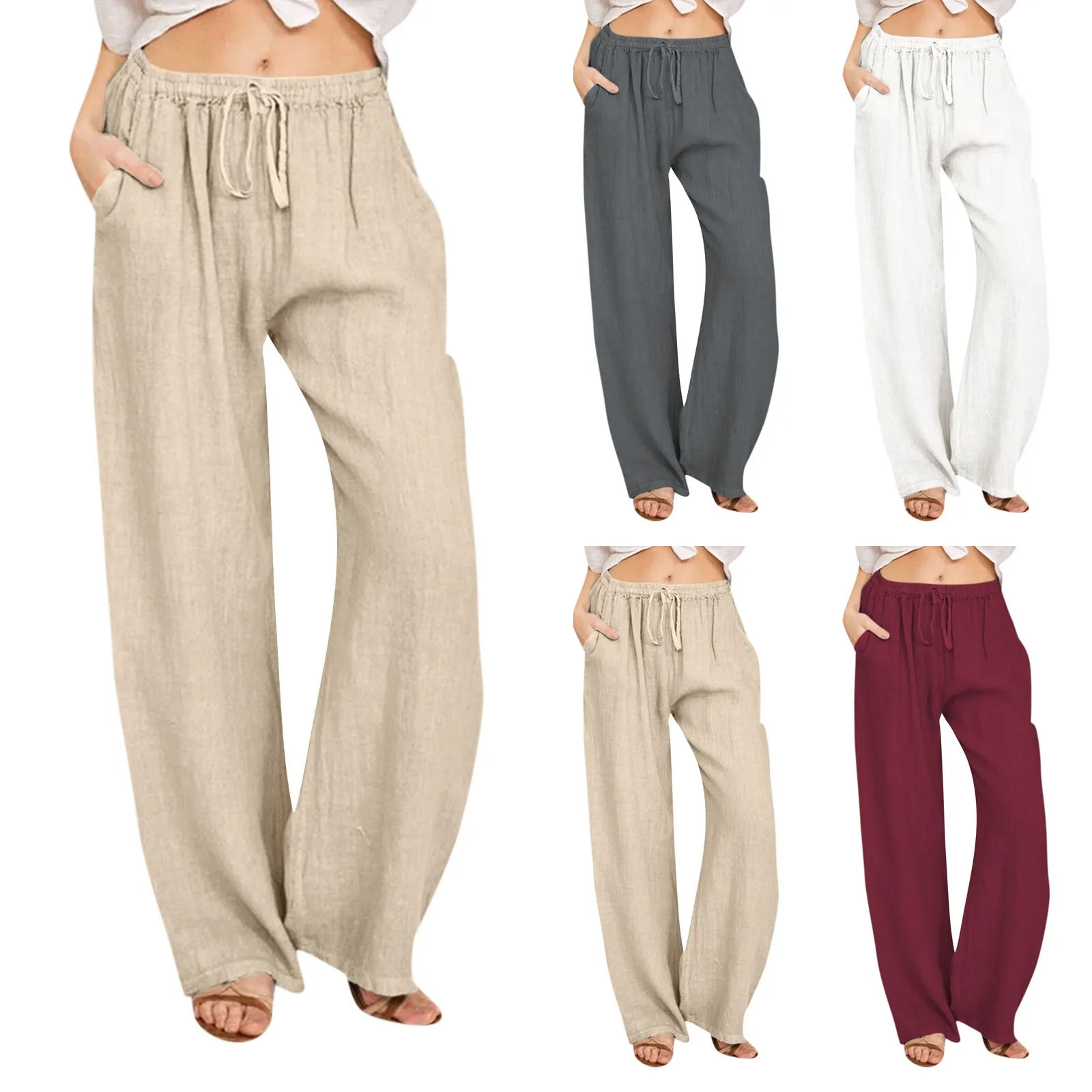 Casual Cotton Linen Pants Women Solid Color Pockets Straight Trousers Ladies Summer Wide Leg Pants Loose Straight Pants