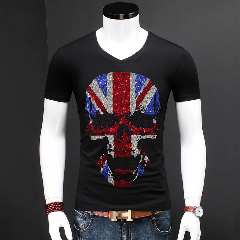 2024 New Summer Top Mens the Union Flag Rhinestones T Shirts Men Cotton Skull Diamond O Neck Short Sleeve Tees Shirt V T-shirt