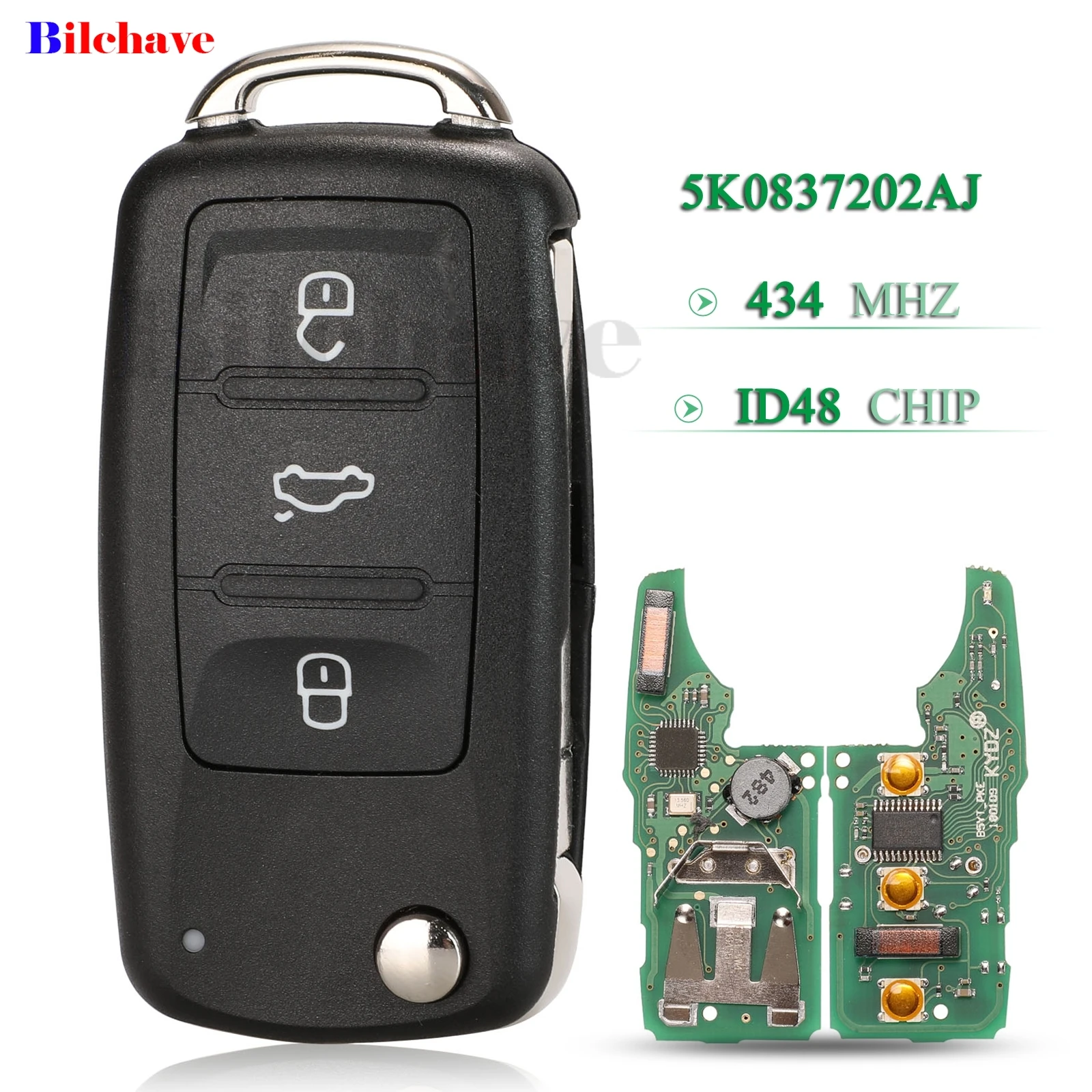 

jingyuqin Keyless Go 5K0837202AJ 434Mhz ID48 Chip Remote Car Key Fob For VW Volkswagen GOLF PASSAT Tiguan Polo Jetta Beetle