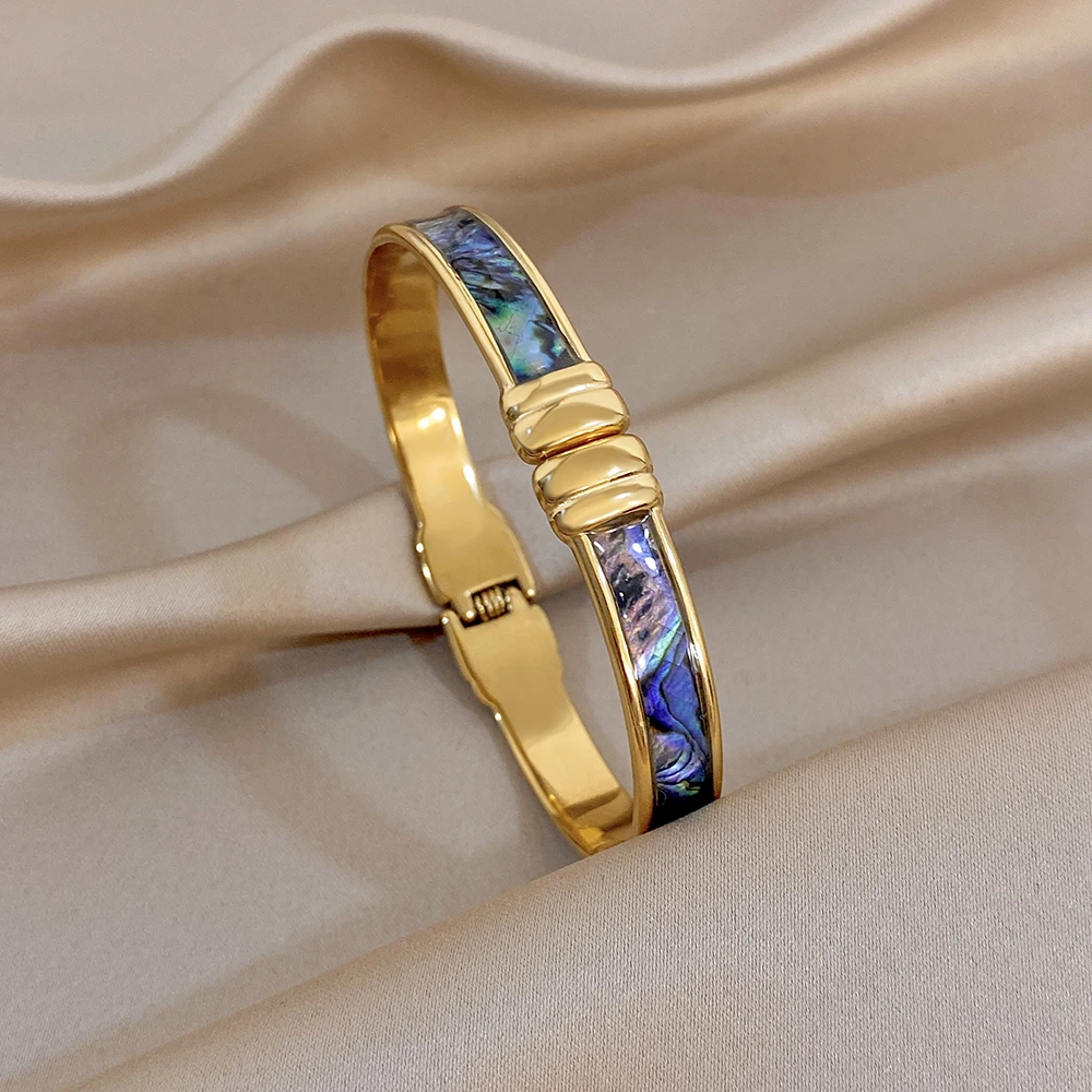 DODOHAO Creative Gold Plated Stainless Steel Round Bangle Bracelet Women Blue Scallop Patch Cuff Bracelet Waterproof Jewelry