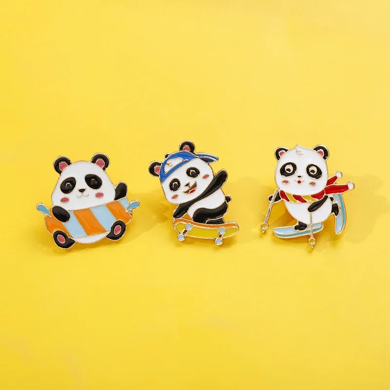 Shining U Cute Panda Brooch Pin Cartoon Skiing Skateboarding Metal Fashion Accessory for Bag Clothing