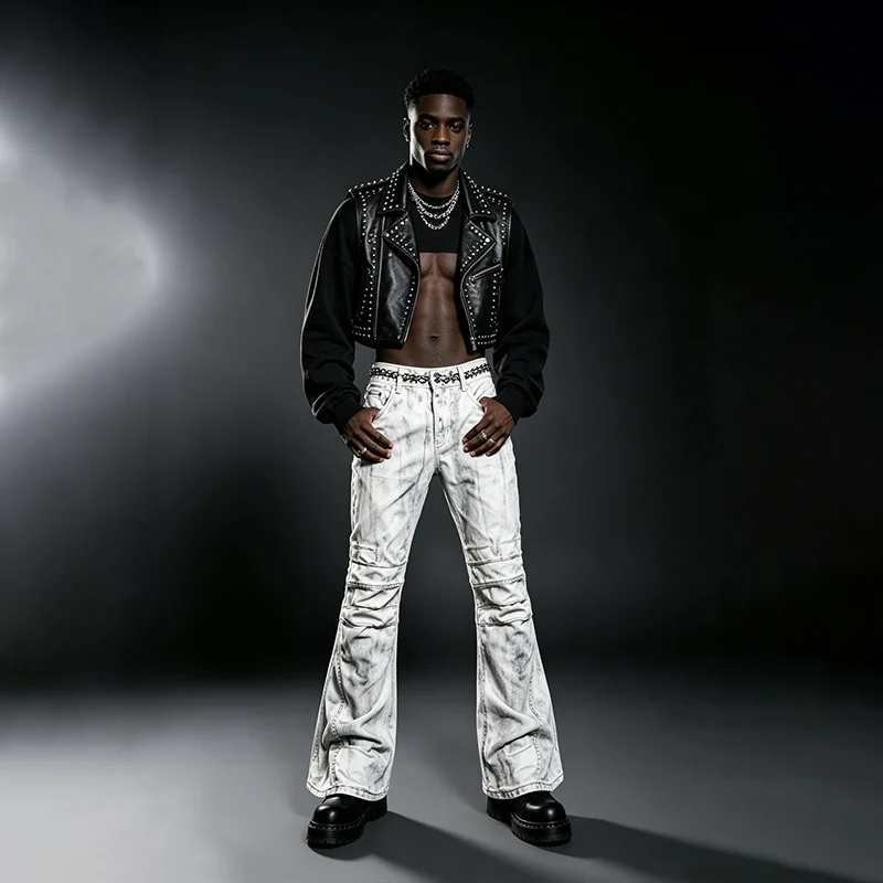 Heavy Industry Destroys Makes Wax Printed Jeans Deconstructing Stacking Them Street Wide Pants For Men Women Micro Flared Jeans