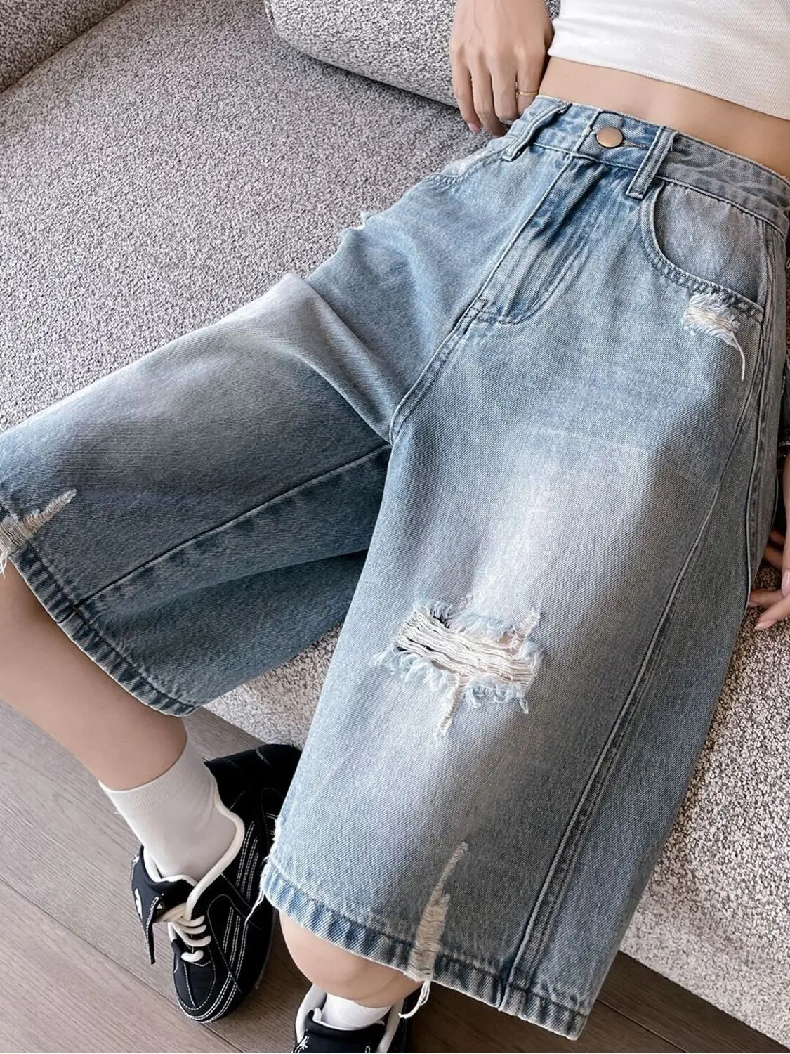 Shorts Bermuda de Mezclilla Desgastada de Cintura Alta para Mujer, Pierna Ancha, Estilo Vintage, Casual, Verano, Y2K, Streetwear, Algodón