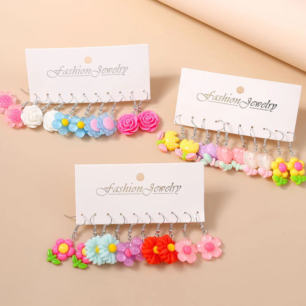 

5pairs/set Cute Flower Drop Earrings for Women Girls Dangle Earrings Handmade Kid's Jewelry Gifts